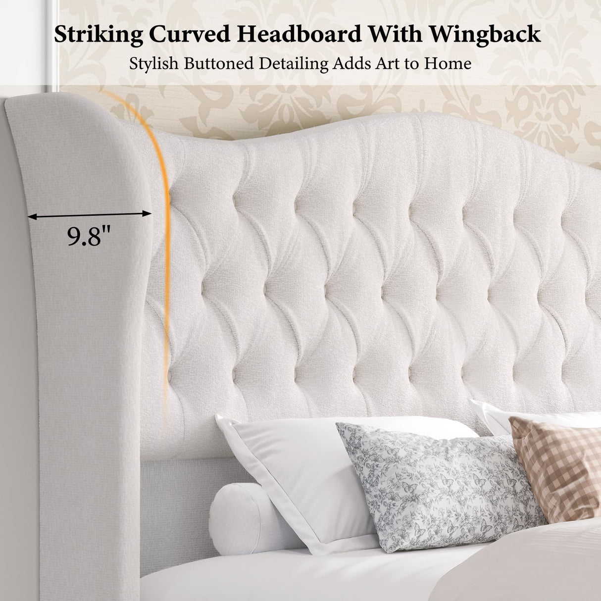 Queen Size Bed Frame-Upholstered Platform Chenille Sleigh Bed-51 inch Scroll Wingback Tall Headboard Footboard-Deep Button Tufted-Easily Assemble-Wood Slats Support-No Box Spring Required-Cream koorlian