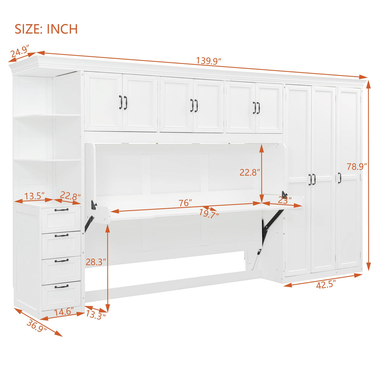 SOFTSEA Twin Size Horizontal Murphy Bed with Desk, Foldable Wall Bed Frame with 3-Door Wardrobe, Drawers & Shelves, Space-Saving Hideaway Bed for Small Space, Apartment, White SOFTSEA