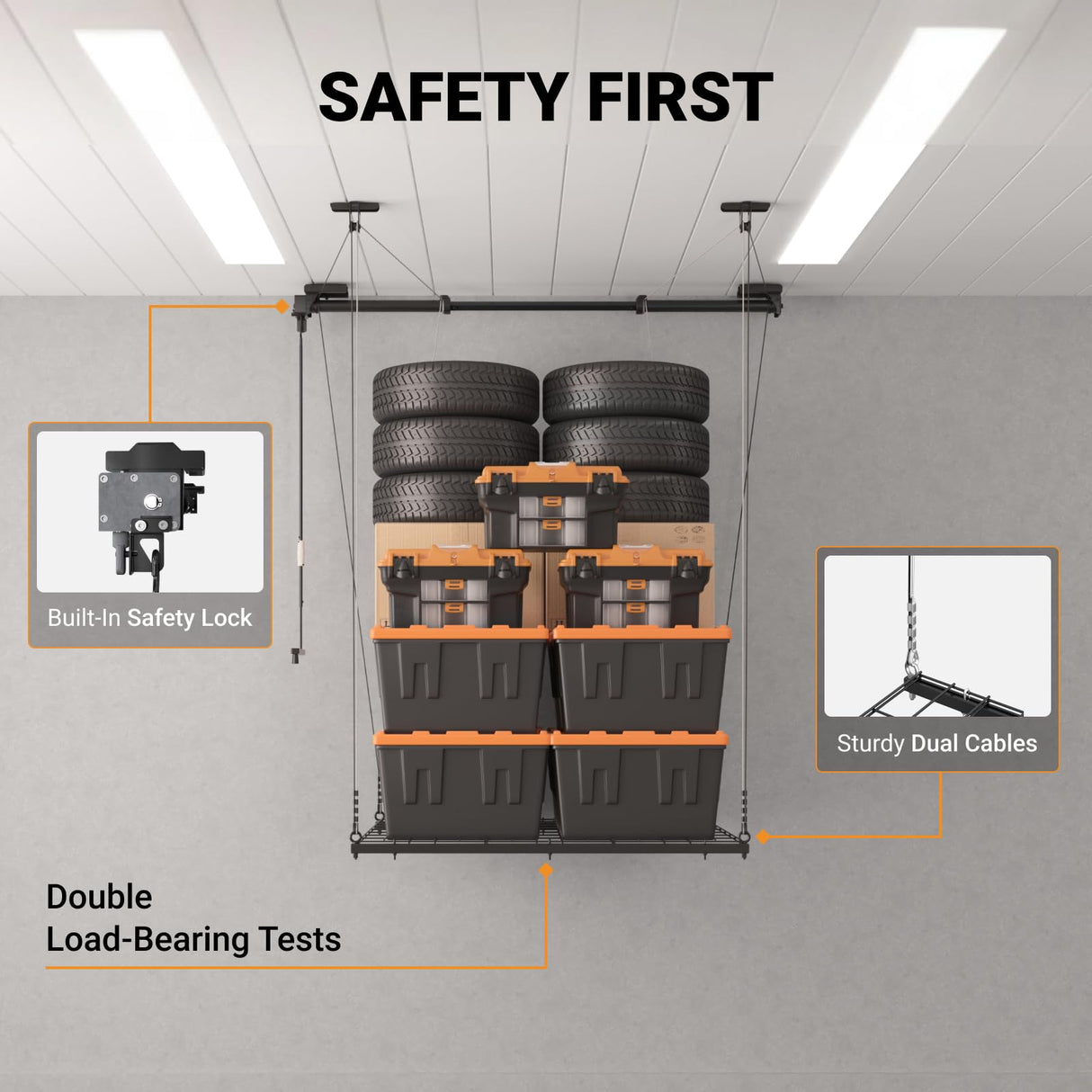 eShelf Adjustable Overhead Garage Storage Rack, 4x4ft Garage Ceiling Storage Lift, Heavy Duty Garage Storage Lift System With 300lbs Weight Capacity, Perfect for Kayaks, Ladders eShelf