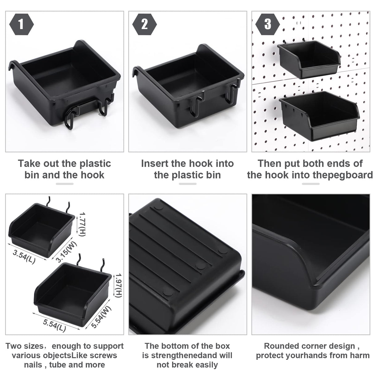12 Pieces Pegboard Bins Kit 3.5'' 5.5'' Plastic Peg Board Storage Bins with Hooks Pegboard Accessories Workbench Bins Fits Any Peg Board for Organizing Hardware, Garage, Craft Room, Tool Shed Roowest