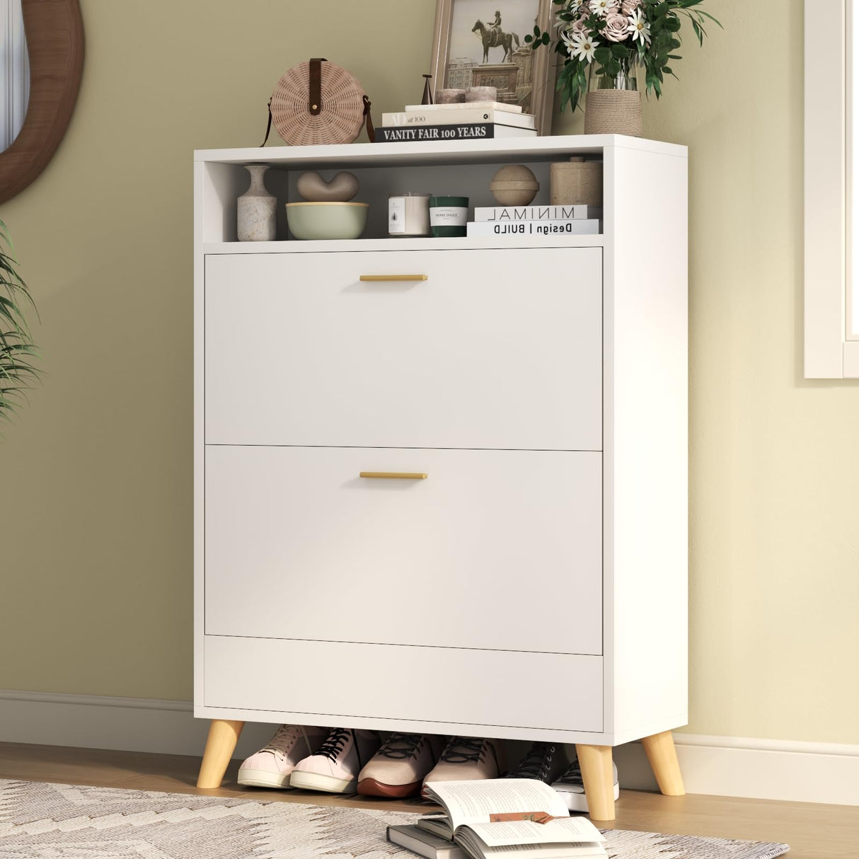 Gyfimoie Entryway Shoe Storage Cabinet with 2 Flip Drawers, FreestandingShoe Organizer for Entryway, Narrow Shoe Rack Cabinet (White) Gyfimoie