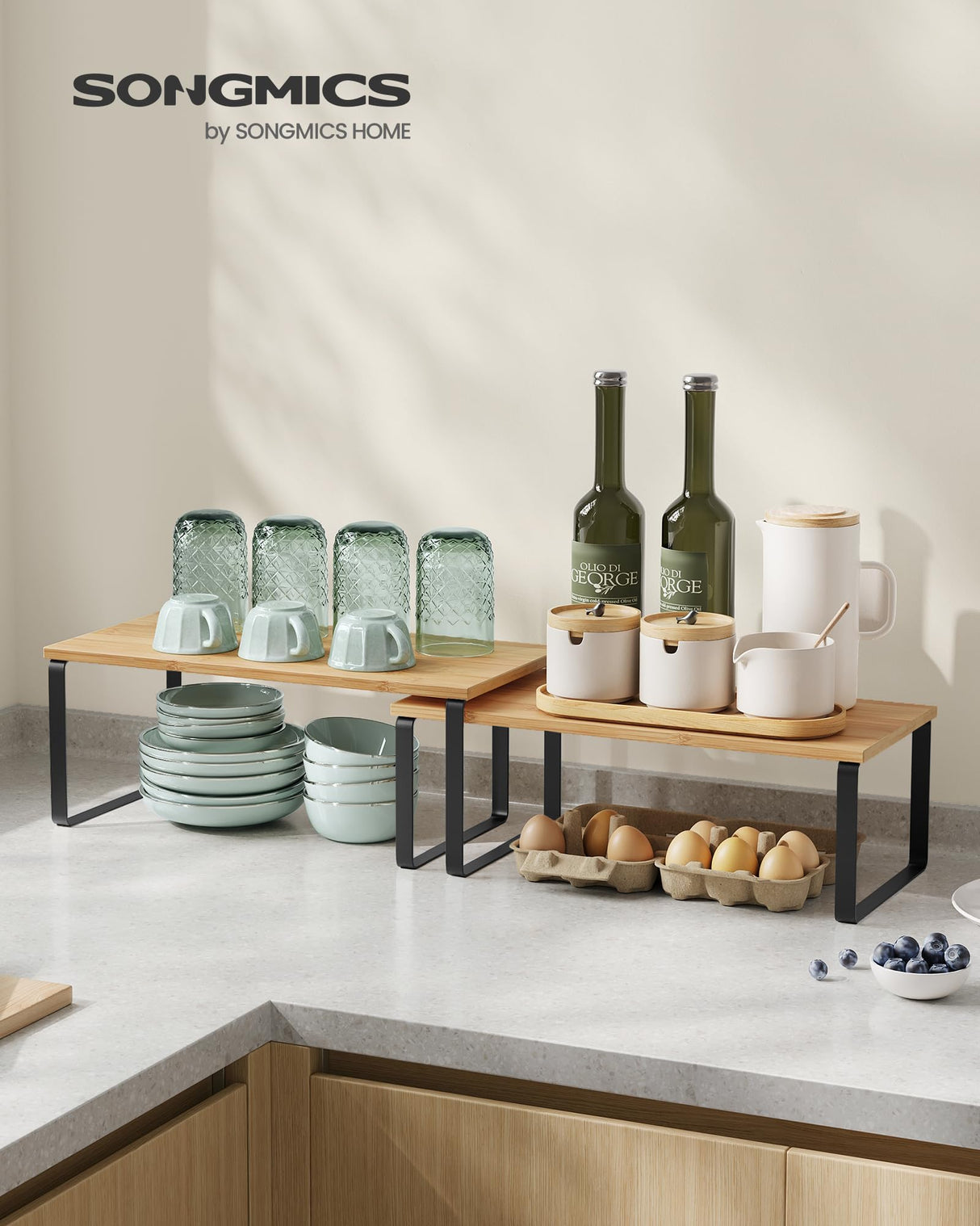 SONGMICS Cabinet Organizer Shelf, Set of 2 Kitchen Counter Shelves, Kitchen Storage, Spice Rack, Stackable, Expandable, Metal and Engineered Wood, Ink Black and Natural Beige UKCS200B01 SONGMICS