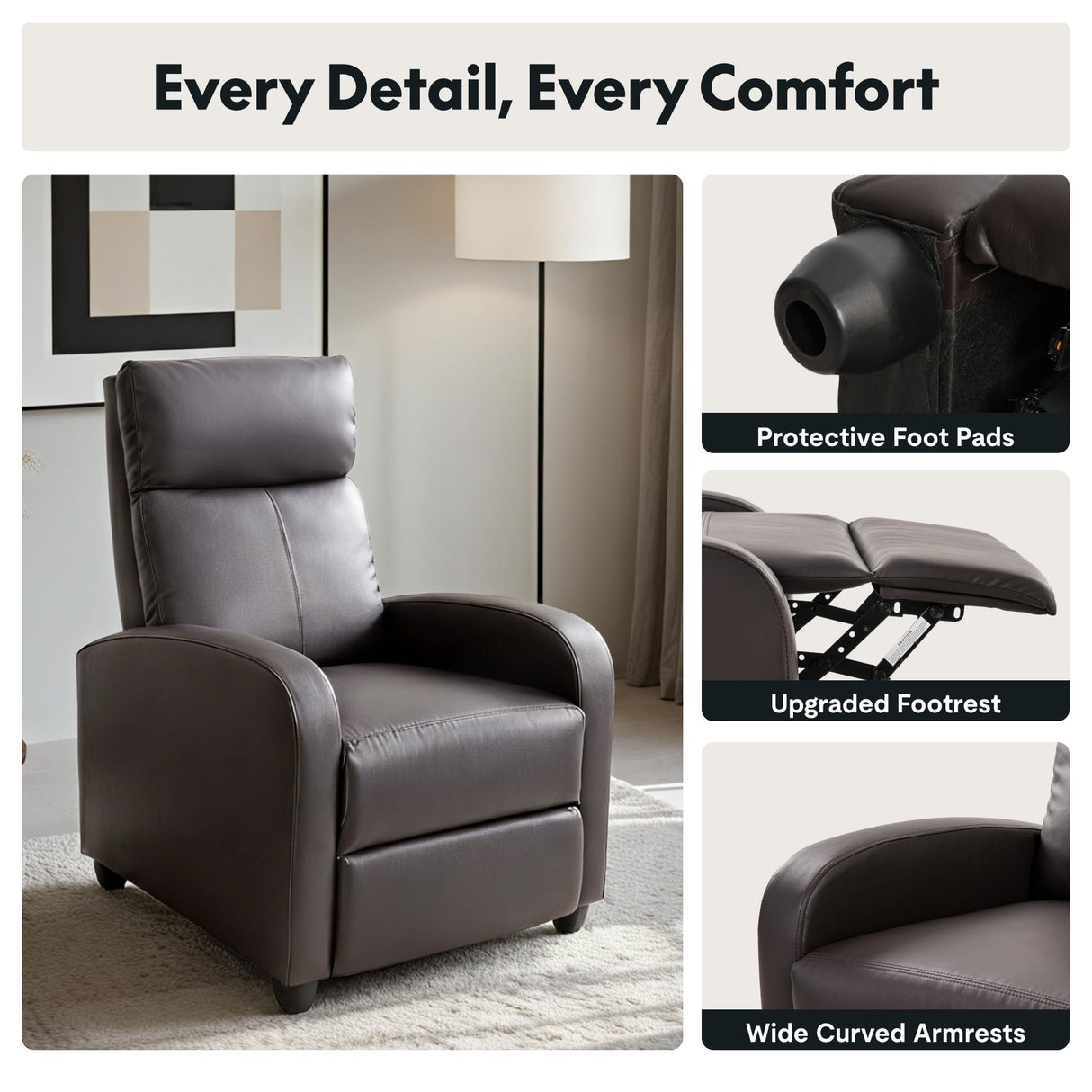 Softa Recliner Chair for Adults, Faux Leather Small Reclining Chair Home Theater Seating, Adjustable Modern Single Sofa Armchair for Living Room Bedroom (PU, Brown) Softa