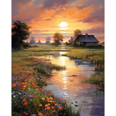 Paint by Numbers Kit for Adults Beginner, Countryside Sunset Adult Paint by Number Kits on Canvas Without Frame, Riverside Cabin Oil Paint by Numbers for Home Decor Gift 16” W x 20”L
