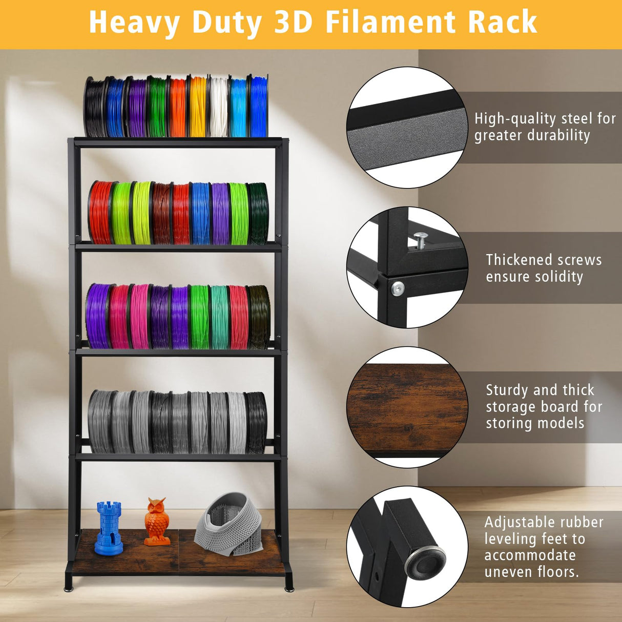 Ormeli 3D Printer Filament Storage Rack, 5-Tier 3D Printing Filament Metal Rack for Filament Spools PLA/ABS/TPU/Nylon, Large Capacity Heavy Duty Filament Spool Holder for 3D Printing Studio, Workshop Ormeli