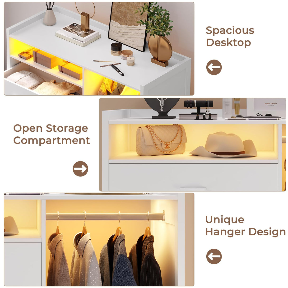 VIAGDO Dresser for Bedroom with Clothes Rail, Chest of 4 Drawers with LED Lights, Modern White Dresser with Open Storage Space for Bedroom Entryway, Large Capacity VIAGDO