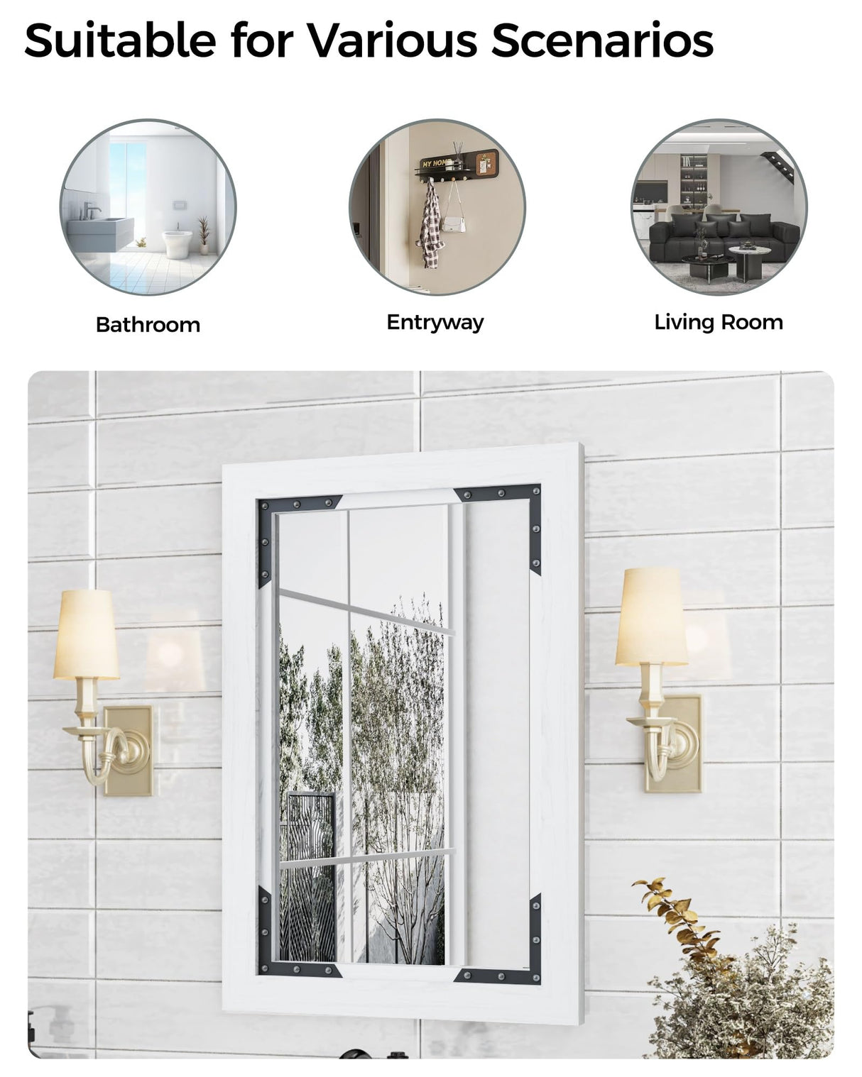 FLYJOE Medicine Cabinet Mirror 16 x 24 Inch Farmhouse Bathroom Mirror Door Paulownia Wood Storage Cabinet with Adjustable Shelves, Wall Mounted for Bathroom Living Room, White FLYJOE