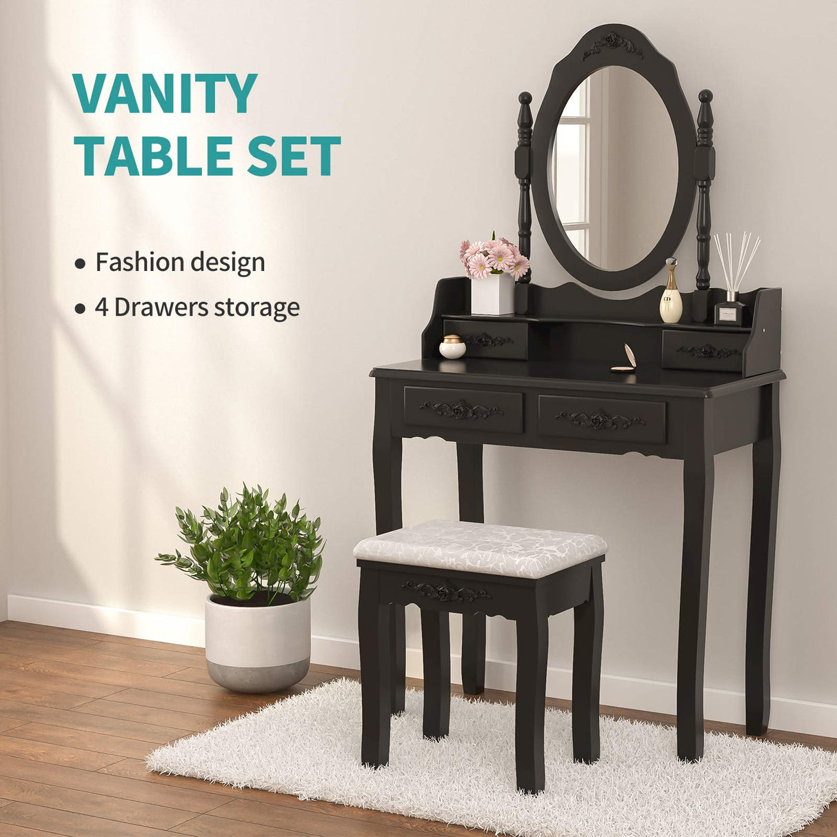Alohappy Girls Vanity Desk, Makeup Vanity Set with Mirror & Stool, Makeup Table Black Vanity Desk with 4 Drawers Vintage Rose Carving Dressing Desk Alohappy