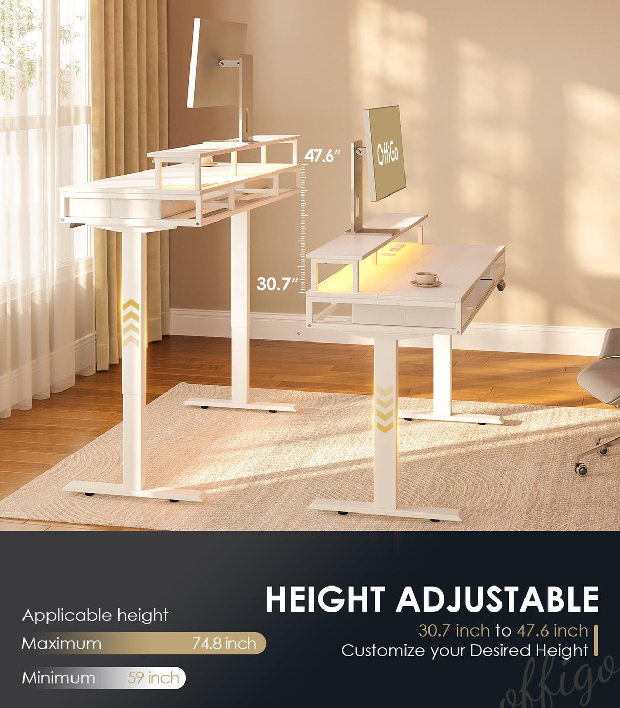 OffiGo Electric Standing Desk with Drawers & Keyboard Tray, 63 Inch Height Adjustable Desk with Power Outlets & LED Lights, Sit Stand Table with Monitor Stand for Home, Office, White OffiGo