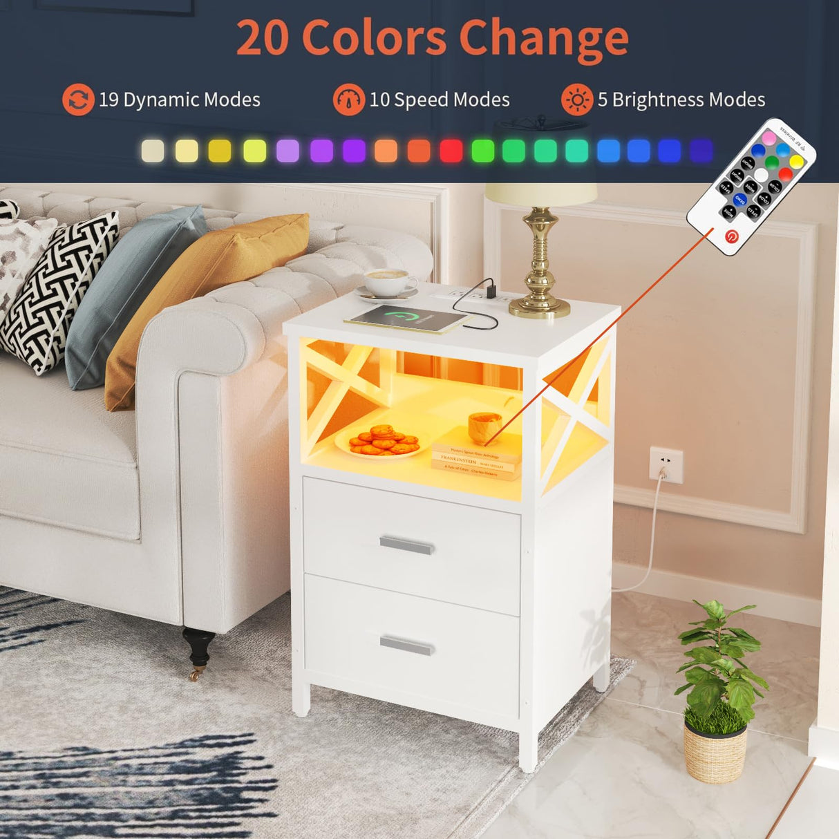 HDDDZSW LED Nightstand with Charging Station, Side Table with USB Ports and Outlets, End Table for Small Spaces, White Bedside Tables with Fabric-Wood 2-in-1 Drawer for Bedroom, Living Room, Office HDDDZSW