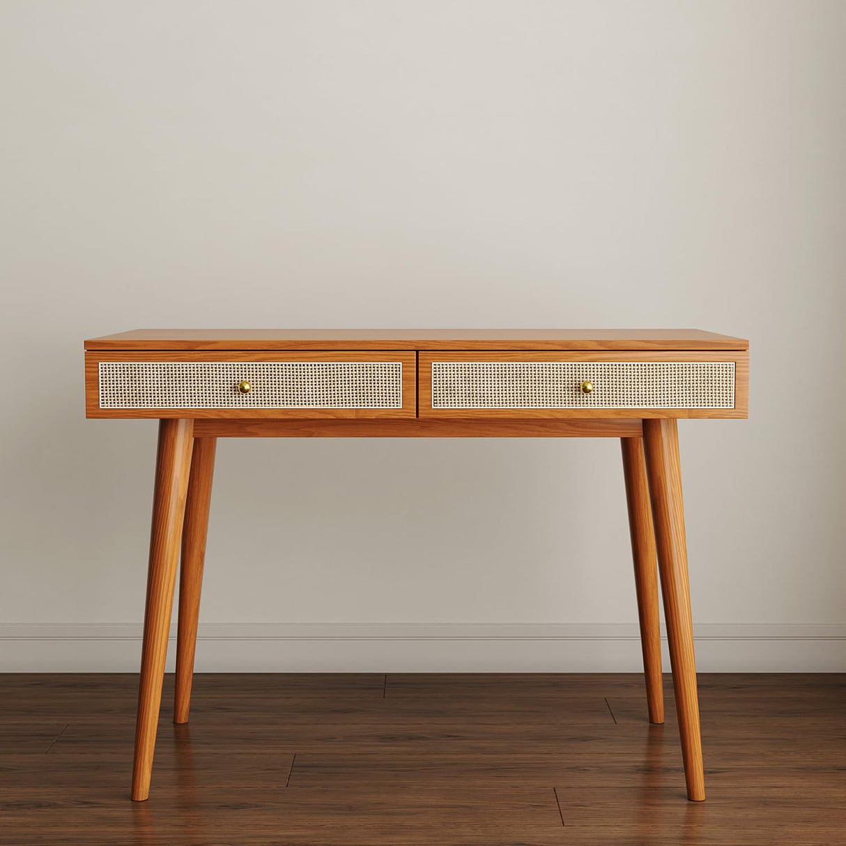 Longcoam Design Mid-Century Modern Solid Wood Desk with Drawers – 45 inch Small Boho Rattan Writing Desk for Home Office, Minimalist Design Natural Wood Table for Workspace Elegance Longcoam Design