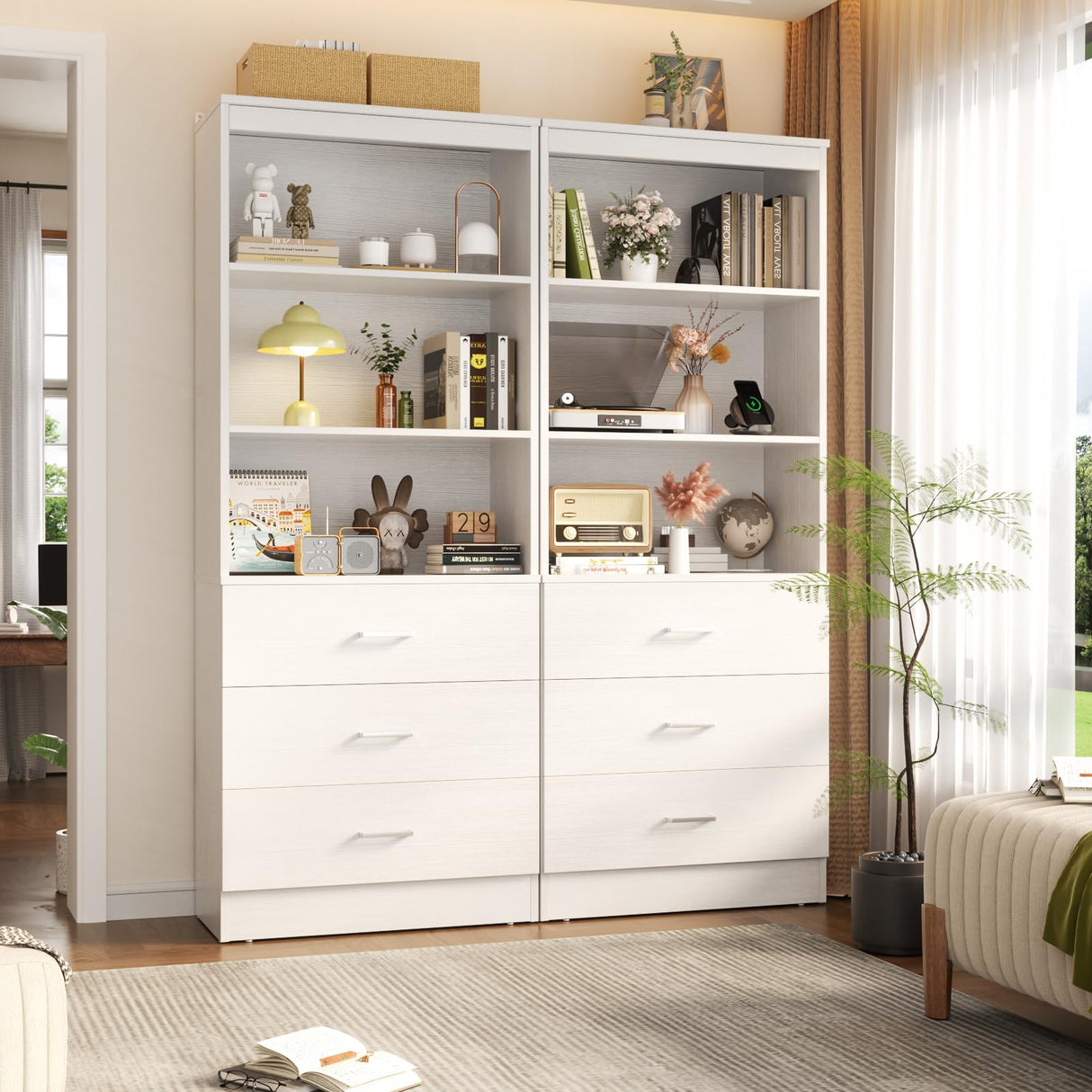 Aheaplus 71 Inches Bookshelf with Drawers, Wooden Bookcase with Open Shelves, 6-Tier Tall Storage Cabinet Book Shelf Storage Organizer for Living Room, Home Office, White (No Charge Station) Aheaplus