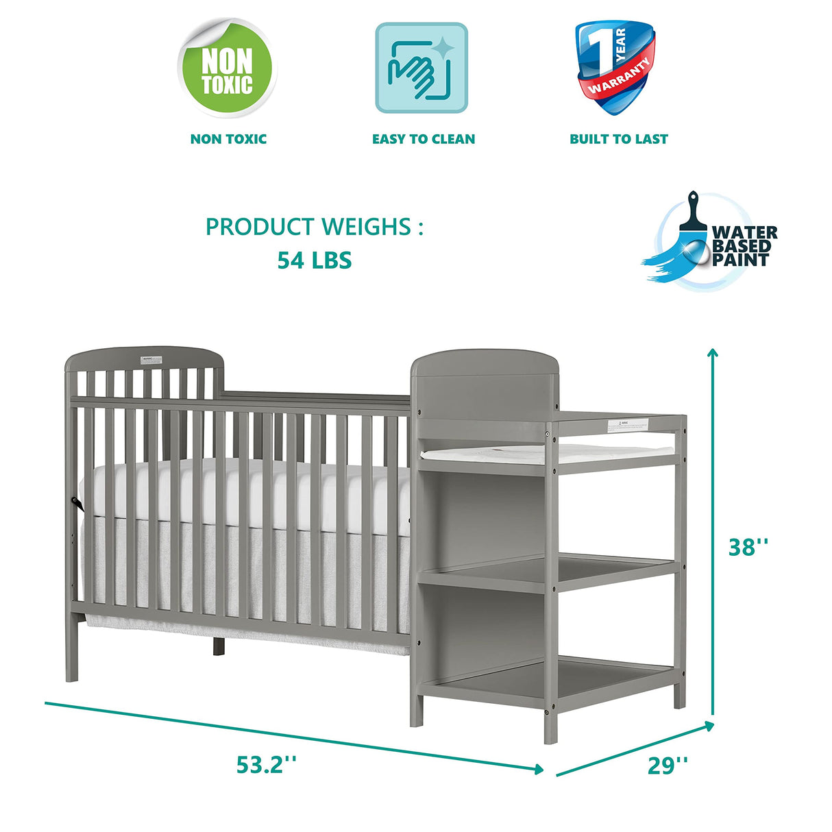 Dream On Me Anna 3-in-1 Full-Size Crib and Changing Table Combo in Steel Grey, Greenguard Gold Certified, Non-Toxic Finishes, Includes 1" Changing Pad, Wooden Nursery Furniture Dream On Me