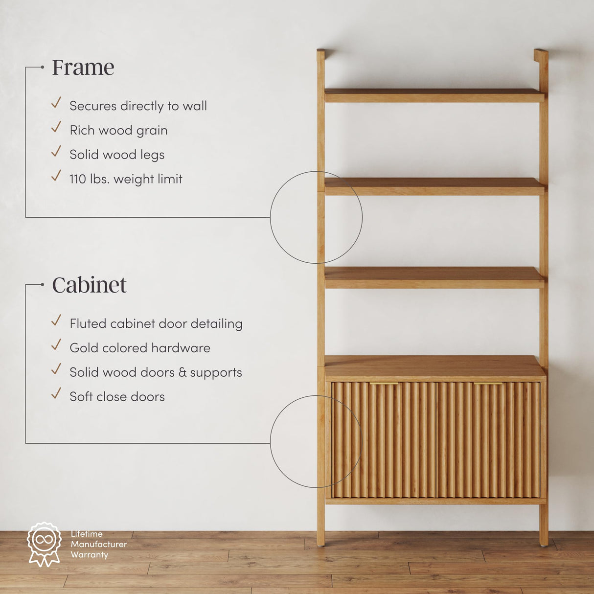 Nathan James Jasper 3-Shelf Solid Wood Boho Bookshelf, Wall Mounted Bookshelf with Cabinet with Fluted Doors, Natural Brown Nathan James