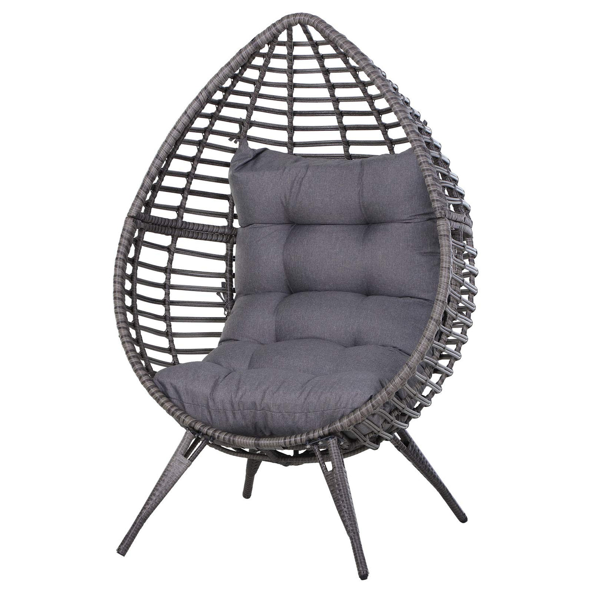 Outsunny Patio Wicker Egg Chair w/Soft Cushion, Teardrop Cuddle Seat, Outdoor/Indoor Patio Chair, PE Plastic Rattan Furniture with Adjustable Height Feet Pads, Gray Outsunny