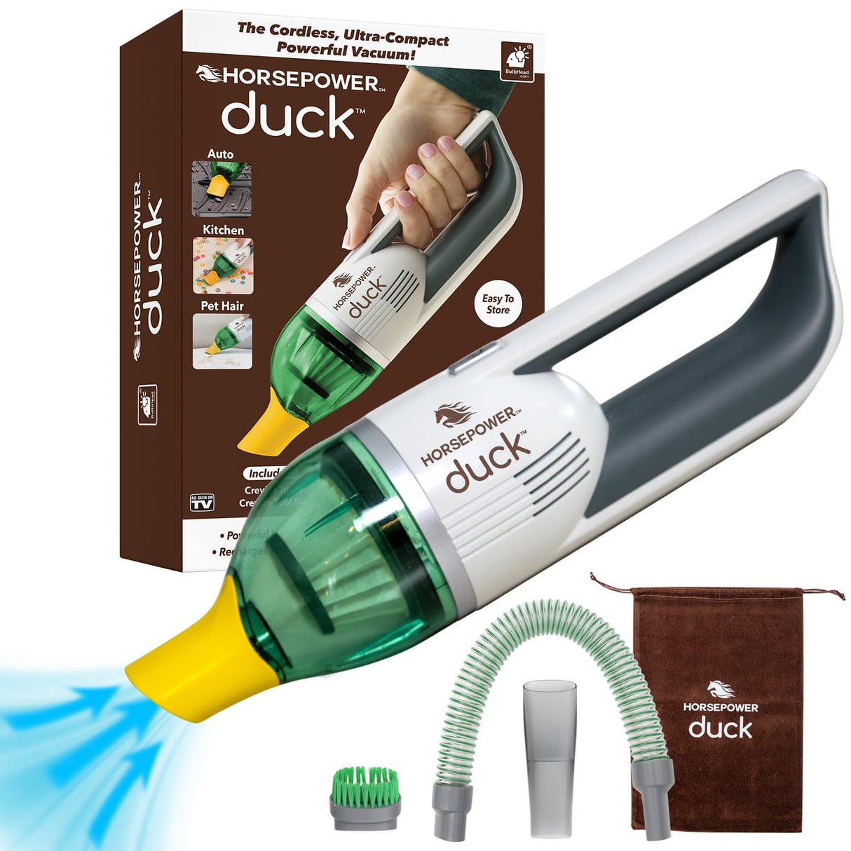 Duck Compact Cordless Vacuum by Horsepower, Ultra-Powerful, Strong Suction, AS-SEEN-ON-TV, Easy To Store, Rechargeable. Home, Auto, Pet Hair, Fits In Tiny Crevices, Includes Hose, Crevice Tool & Brush Horsepower