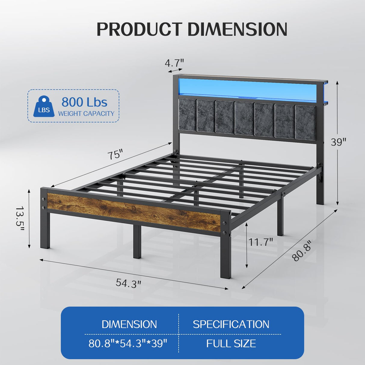 Full Size Platform Bed Frame with LED Lights, Charging Station, Grey Upholstered Headboard with 2-Tier Storage Shelves, Noise Free, No Box Spring Needed Liians