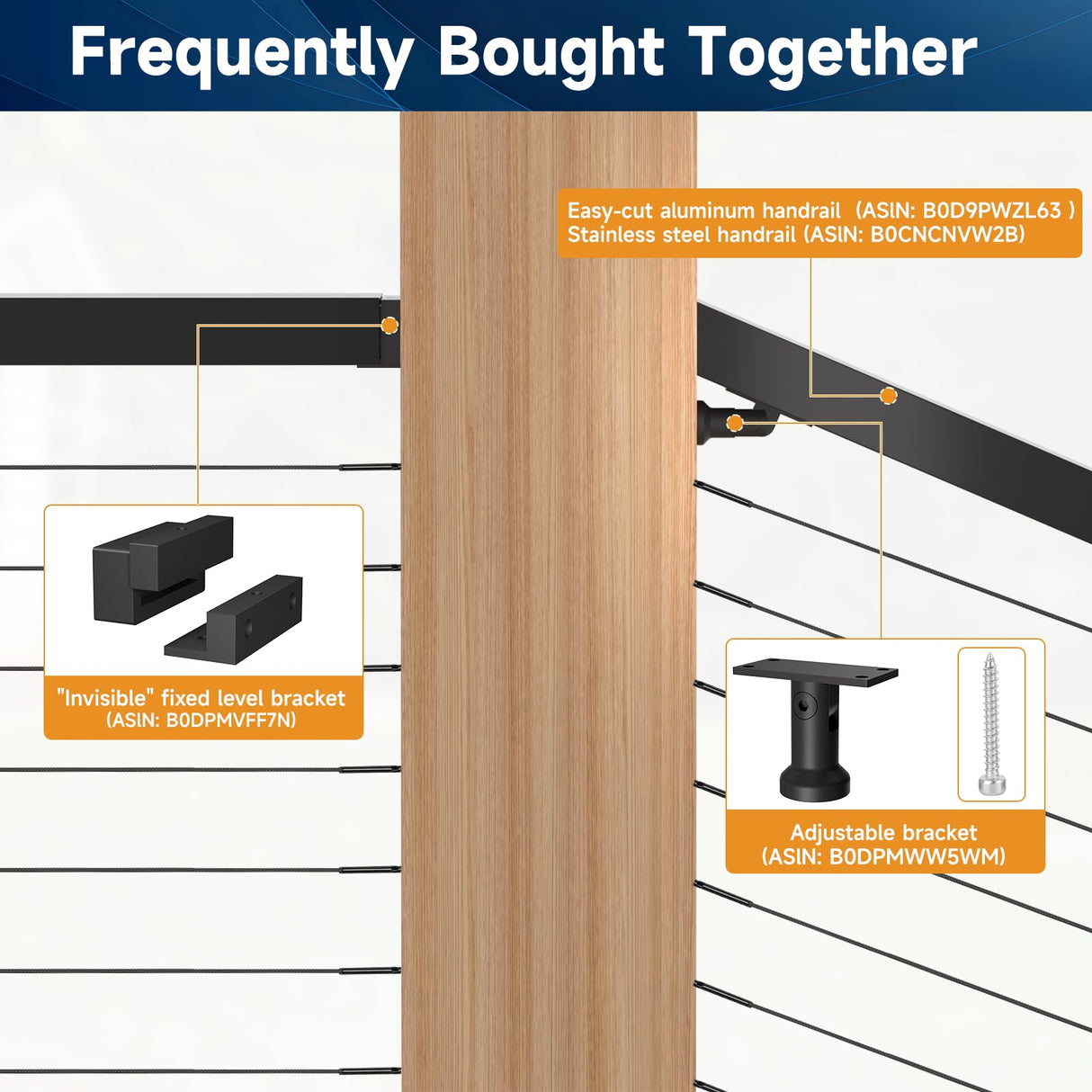 Gyykzz 5FT-8FT Porch Railing, 36" Matte Black Level Drilled Cable Railing Post Kits System for Outdoor Wood Porch with 1 Stainless Steel Railing Post, 99ft Black Cable, 20 Thread Swage Lag Screws Gyykzz