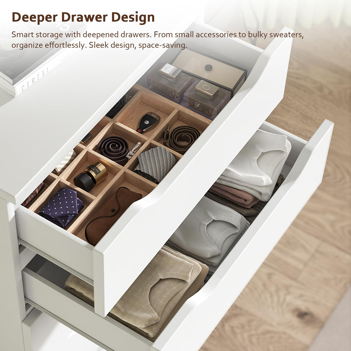 White Tall 5 Drawer Dresser for Bedroom with Hidden Storage Design, Large Modern Closet Dressers & Chests of Drawers with Cut-Out Handles, 27.6" L*15.8" W*45.3" H for Bedroom, Living Room, Nursery Jocoevol