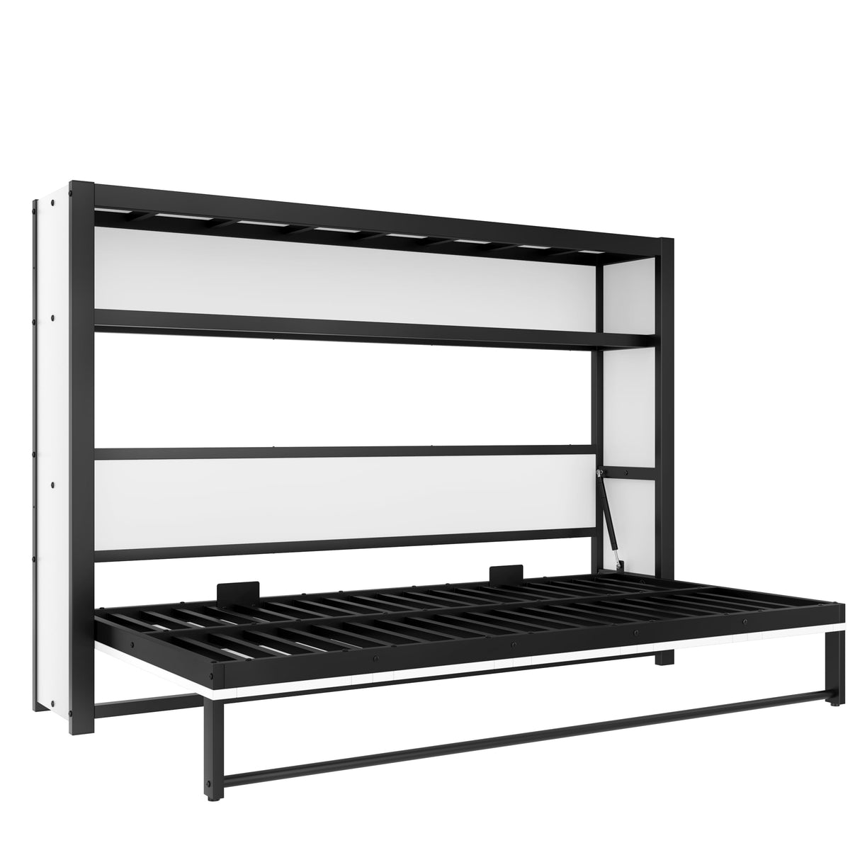 SOFTSEA Twin Size Horizontal Metal Murphy Bed, Heavy-Duty Foldable Wall Bed Frame Twin Murphy Bed Cabinet with Shelves for Guest Room Bedroom Office, White Black SOFTSEA