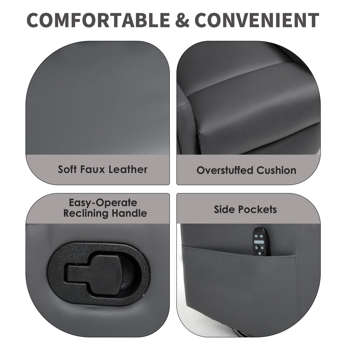 Trustyue Swivel Rocker Recliner Chair, 360° Swivel Recliner with Heat and Massage, Rocker Recliner Nursery Glider Chair with Side Pockets for Living Room (Grey, Faux Leather) Trustyue