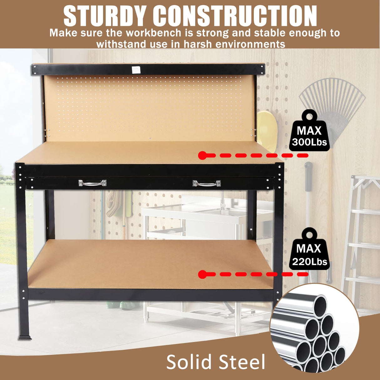 SPOWAY 63'' Garage Workbench, 300 Lbs Load Capacity Heavy Duty Work Bench, Workbench with Pegboard Drawer Backplate Metal Frame Wood Top Workbench for Workshop Office Home Garage SPOWAY