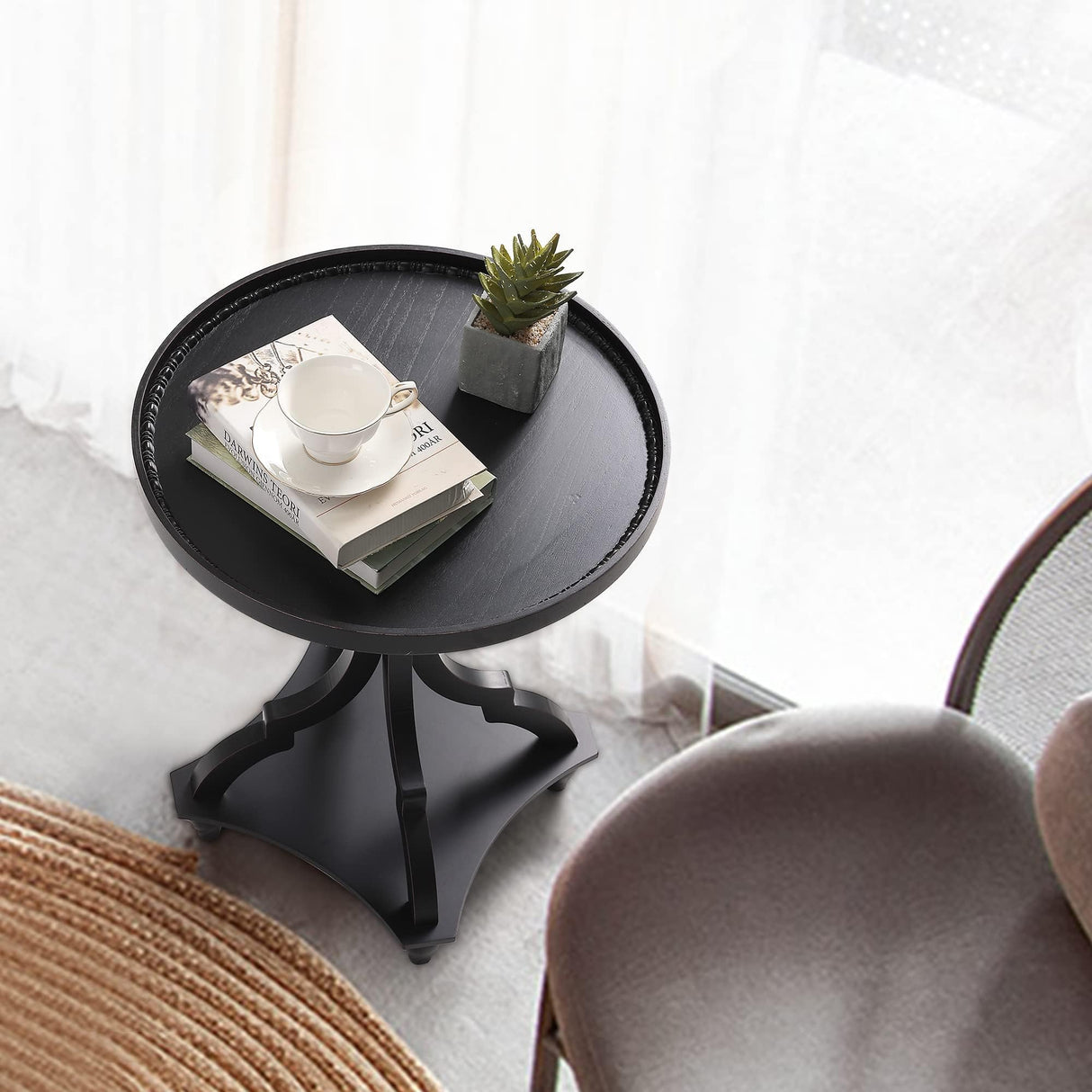 Wnutrees Farmhouse Round Accent End Table, Rustic Side Table Nightstands for Living Room Bedroom, Wood Tray Top, Handcrafted Finish, Set of 2, Black Wnutrees