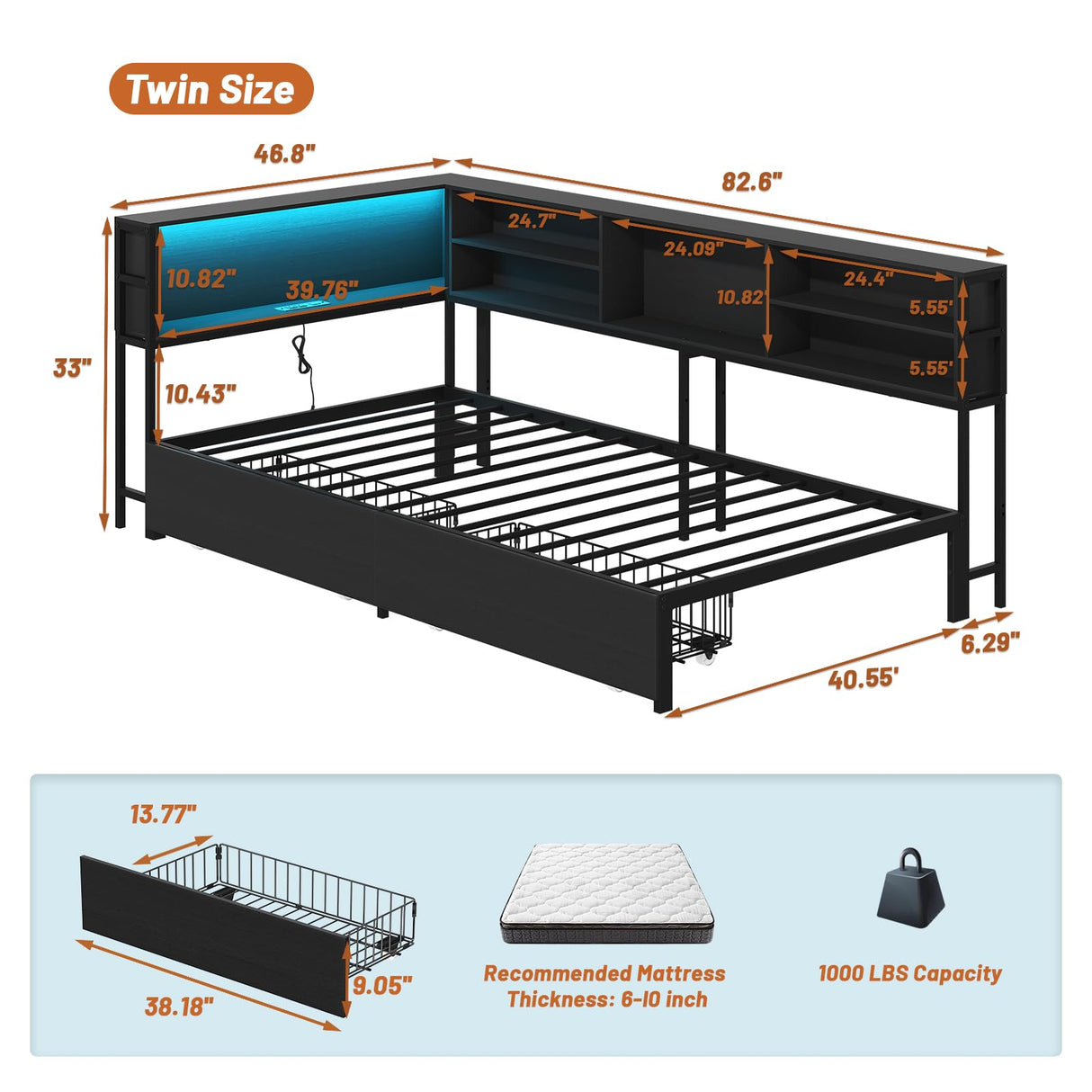 AILUNWALL Corner Bed Frame with Storage Drawers, Twin Size Metal Platform Bed Frames with LED Lights & Charging Station, Daybed with Bookcase for Living Room, Bedroom, Guest Room, Black AILUNWALL