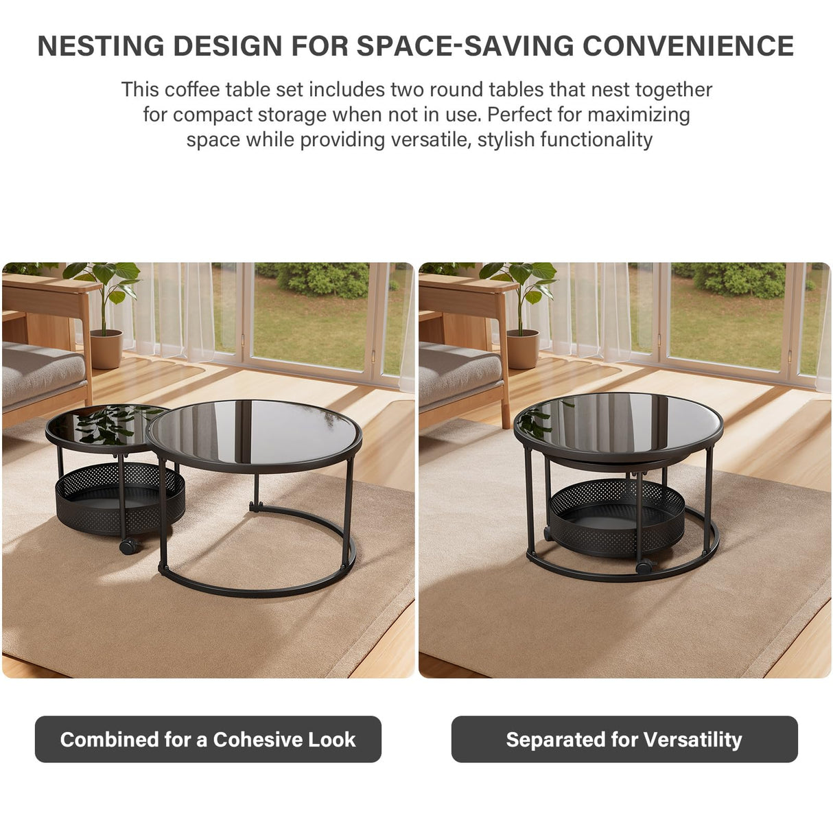 Belord 28” Versatile Nesting Round Coffee Tables Set of 2 for Living Room, Tempered Glass Stacking Nesting Table with Casters and Storage Black