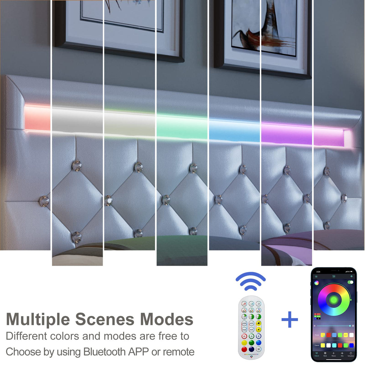 Keyluv Modern Upholstered Queen Bed Frame with LED Lights, Faux Leather Low Profile Platform Bed Frame, Adjustable Crystal Button Tufted Headboard, Strong Wood Slat Support, Easy Assembly, White Keyluv