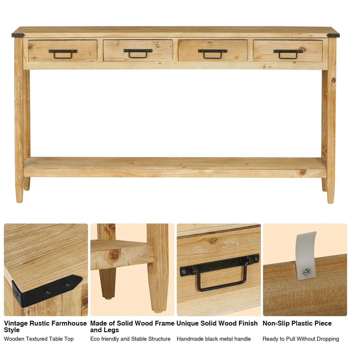 RUSTOWN Farmhouse Console Table with 4 Drawer, 60" Long Rustic Entryway Table with Open Storage Shelves and Handmade Metal Handle, Narrow Foyer Sofa Table for Living Room, Entryway, Hallway(Natural) RUSTOWN