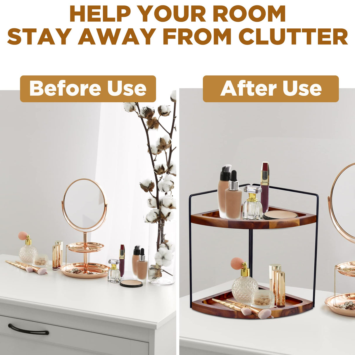 Demigo 2-Tier Acacia Wood Corner Counter Organizer - Elegant Storage Solution for Bathroom, Kitchen, and Vanity Demigo