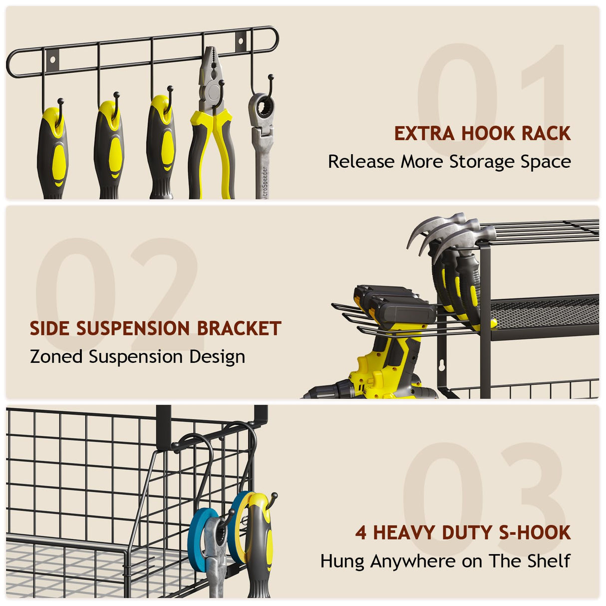Homsorout Garage Shelves Wall Mounted - with Wire baskets, Heavy Duty Garage Wall Shelving with Hooks, Wire Shelf Baskets Tool Organizer for Home Garden Garage Organization and Storage Homsorout