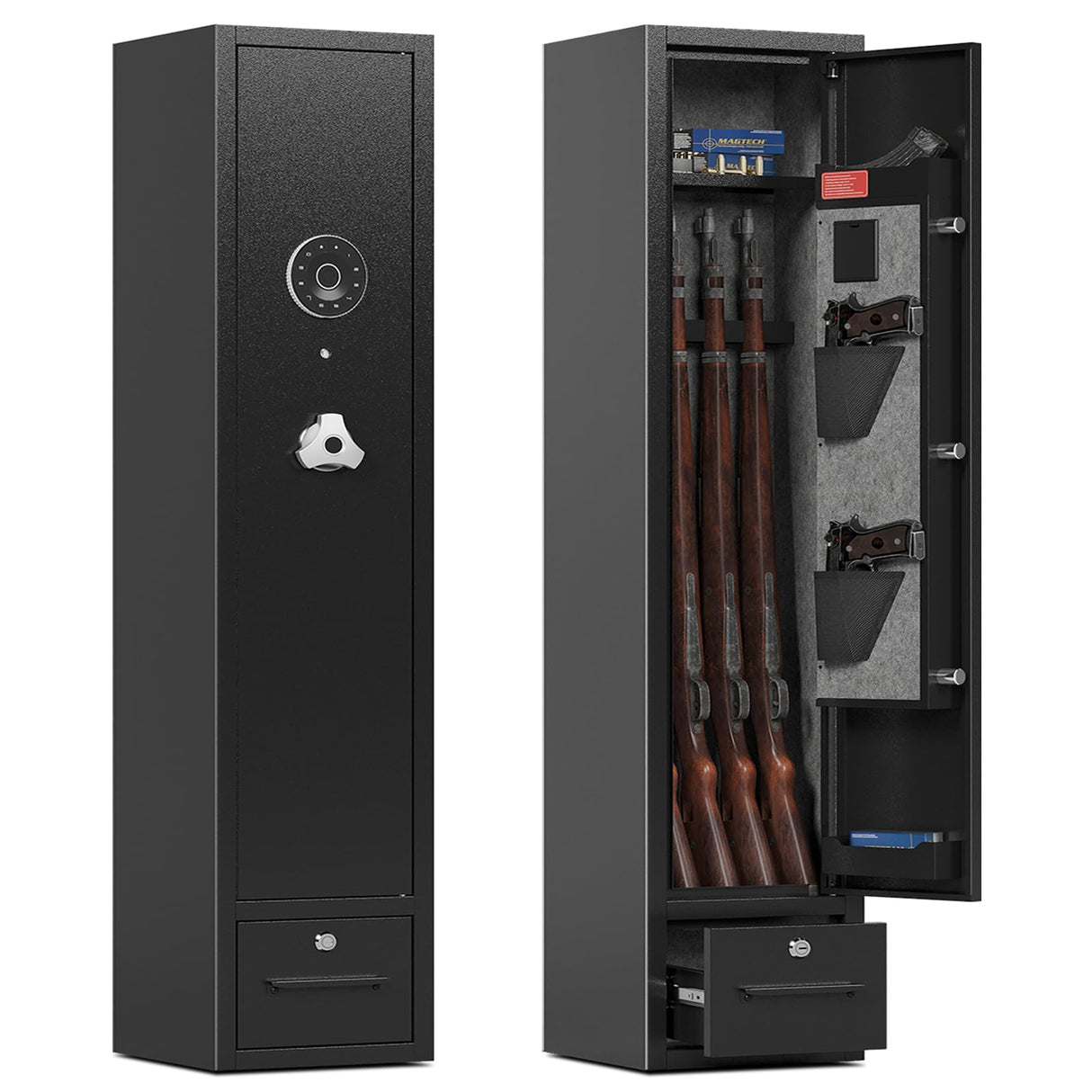 SAPITAL 4 Gun Safe,Gun Safe for Rifles and Pistols,Gun Cabinet for Rifles and Shotguns with Drawer,Electronic Rifle Safe,Gun Safes & Cabinets with LED Light, Removable Shelf and Gun Rack (4-gun safe) SAPITAL
