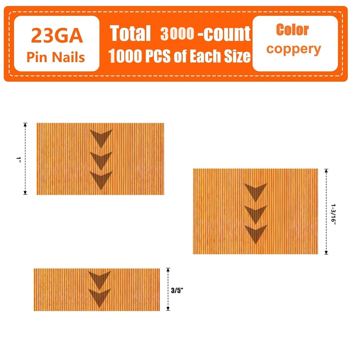 SITLDY 23 Gauge Pinner Nails 3000 Count, 3 Sizes (1-3/16", 1" 3/5") Headless Pin Nails for 23GA Pneumatic or Electric Pin Nailer or Pin Nail Gun, Project Pack SITLDY
