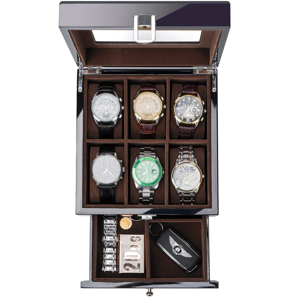 ProCase 6 Slots Lacquered Finish Wooden Watch Box for Men, Men’s Watch Organizer with Glass Top, 2-Tier Display Case for Wristwatch Storage Father's Day Gift -Black ProCase