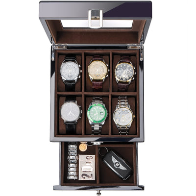 ProCase 6 Slots Lacquered Finish Wooden Watch Box for Men, Men’s Watch Organizer with Glass Top, 2-Tier Display Case for Wristwatch Storage Father's Day Gift -Black