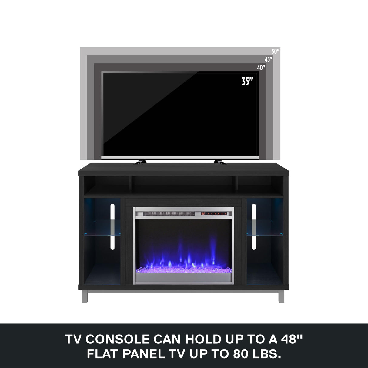 Ameriwood Home Lumina Fireplace TV Stand for TVs up to 48 Inch, Replaceable Electric Fireplace Insert Heater, Remote Control, Timer, Color Changing LED Lights, Crystal Ember Flames, Black Oak Ameriwood Home