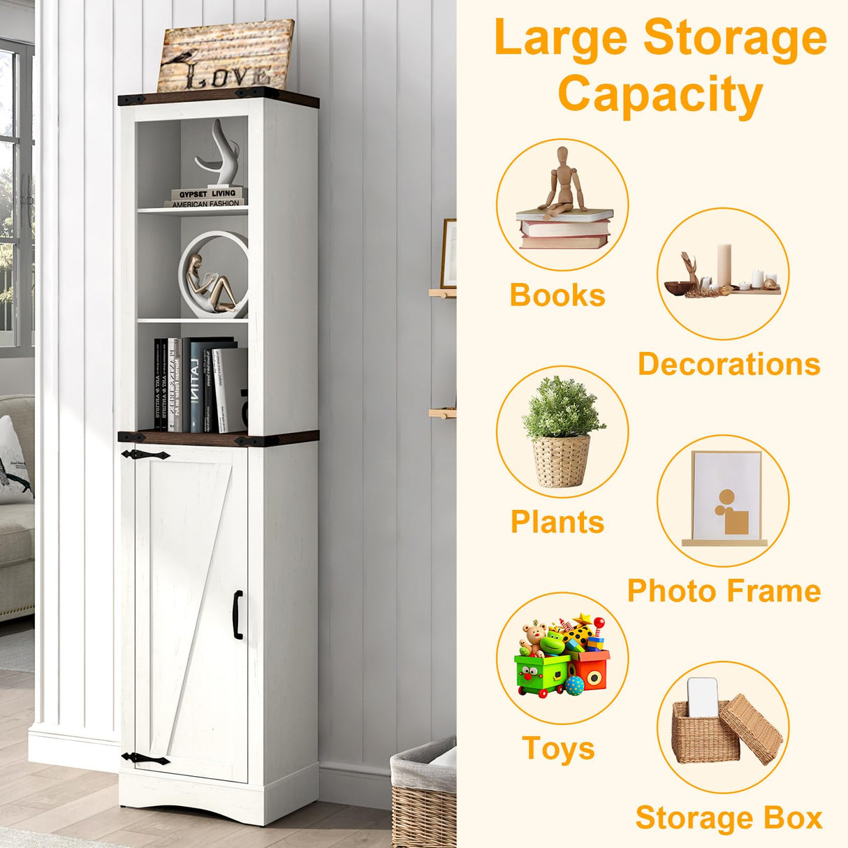 Hlivelood 68" Tall Farmhouse Bathroom Storage Cabinet, 5-Shelf Storage Cabinet with Barn Door&Adjustable Shelves, Linen Tower Cabinet with Storage for Bathroom, Kitchen, Living Room, Rustic White Hlivelood