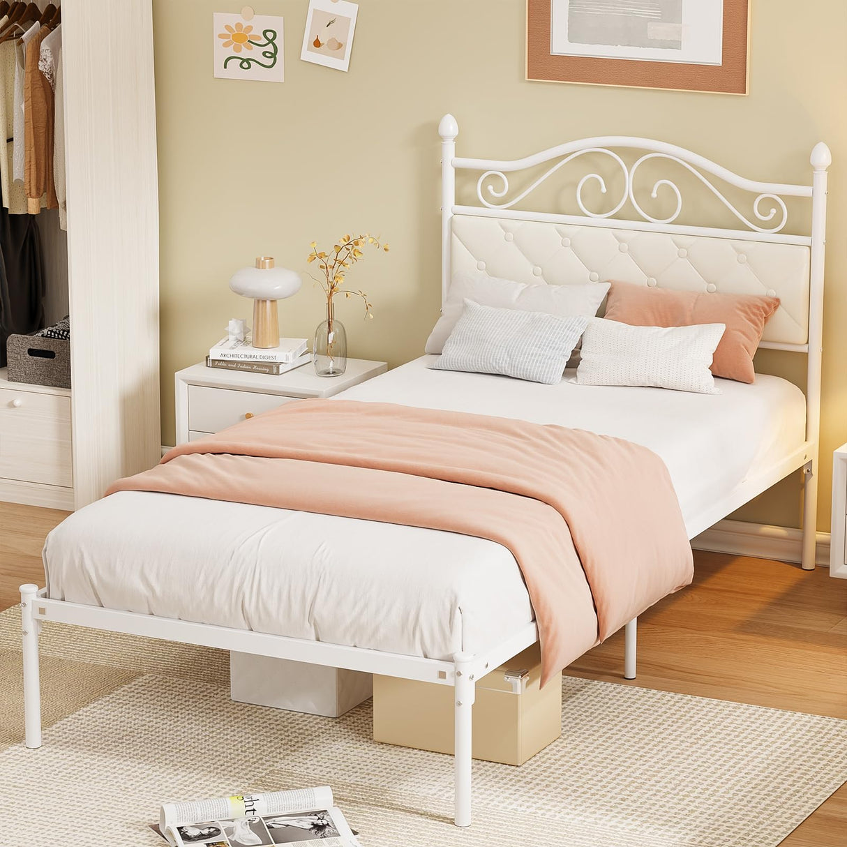 Elephance Twin Bed Frame with Upholstered Headboard Metal Platform Bed with 11.2 Inchs Storage Space Button Tufted No Box Spring Needed Easy Assembly,White Elephance