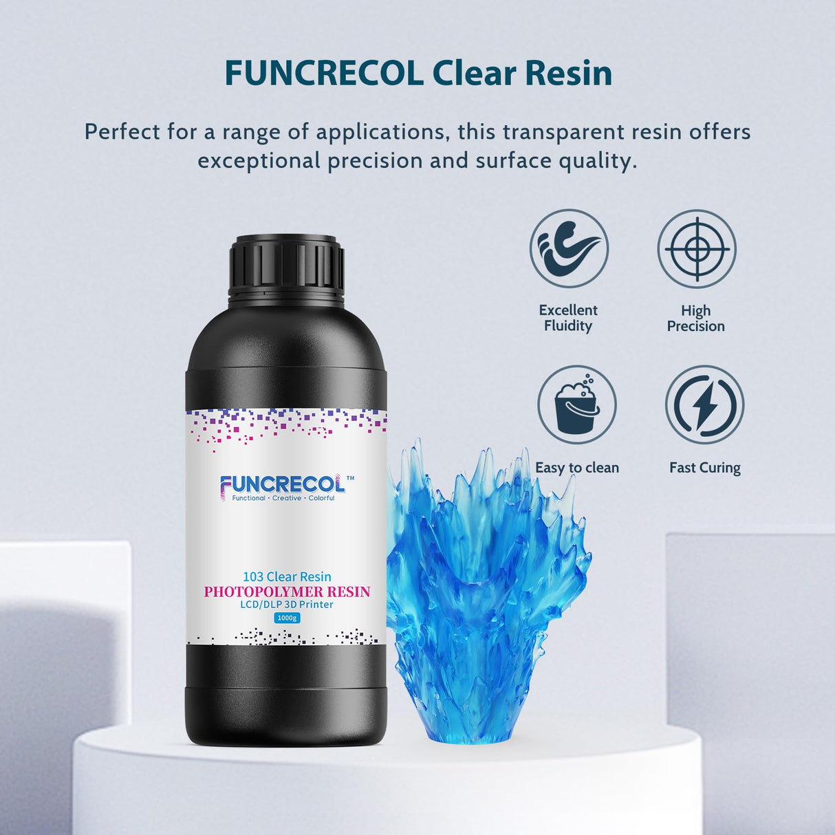 FUNCRECOL 3D Printer Resin Clear, High Transparent Fast UV-Curing 405nm 3D Resin for LCD/DLP/MSLA Resin 3D Printer, Low Odor High Precision 3D Printing Resin Clear Blue 1000G FUNCRECOL