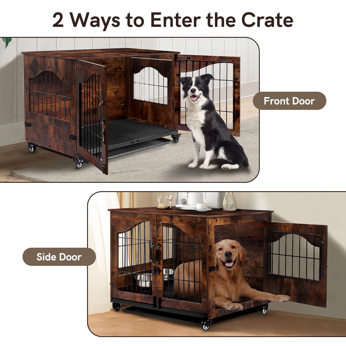 Snowtaros Dog Crate Furniture, Wooden Dog Kennel with 360° Rotatable Bowls, Heavy Duty Dog Crate with Double Doors, Dog Cage End Table Indoor with Removable Tray Swiveling Wheels for Small Medium Dogs Snowtaros