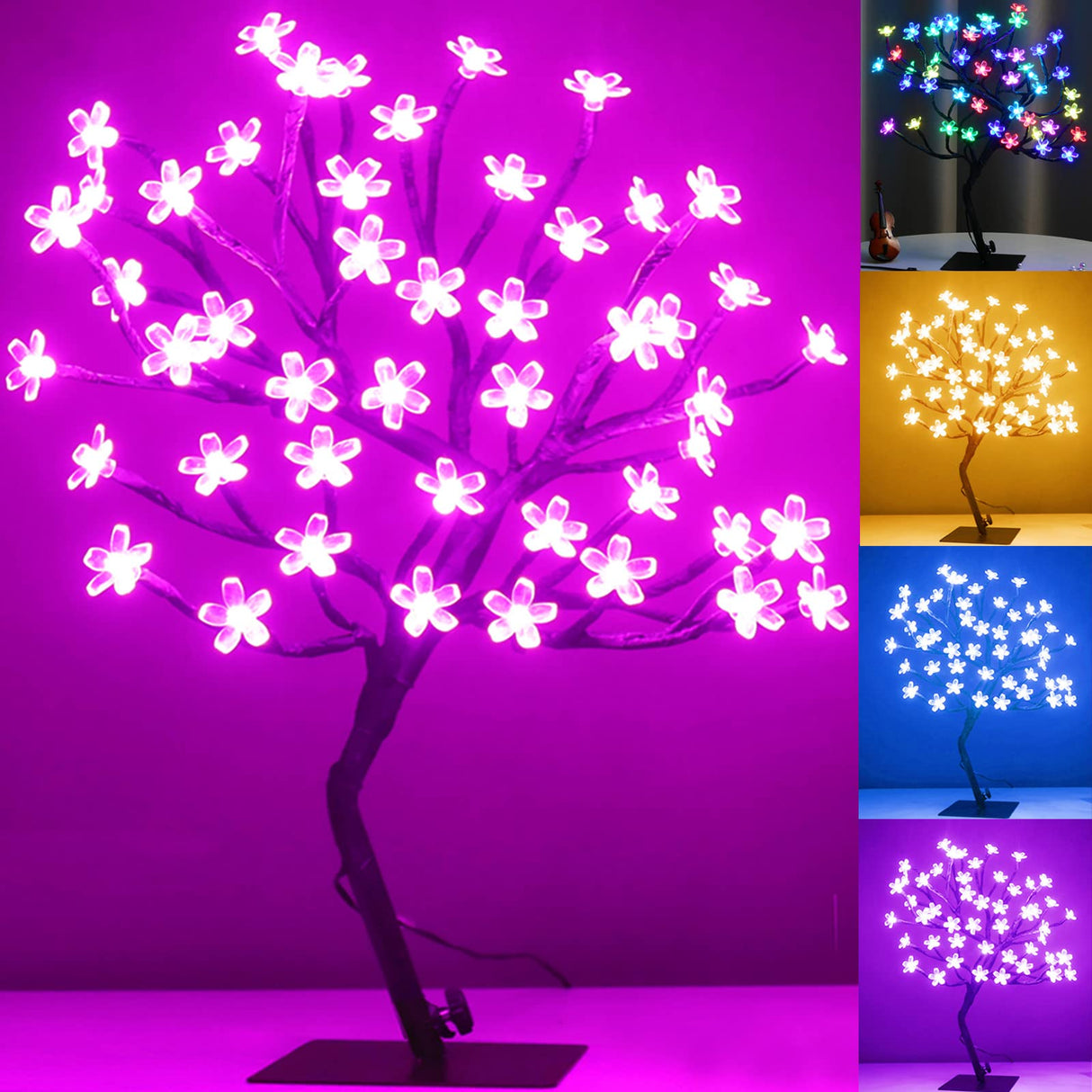 Pooqla 18 Inch 48 LED RGB Cherry Blossom Tree Light with Remote 16 Color-Changing LED Artificial Flower Bonsai Tree Table Top Lamp Home Lit Tree Centerpieces Christmas Decor Pooqla