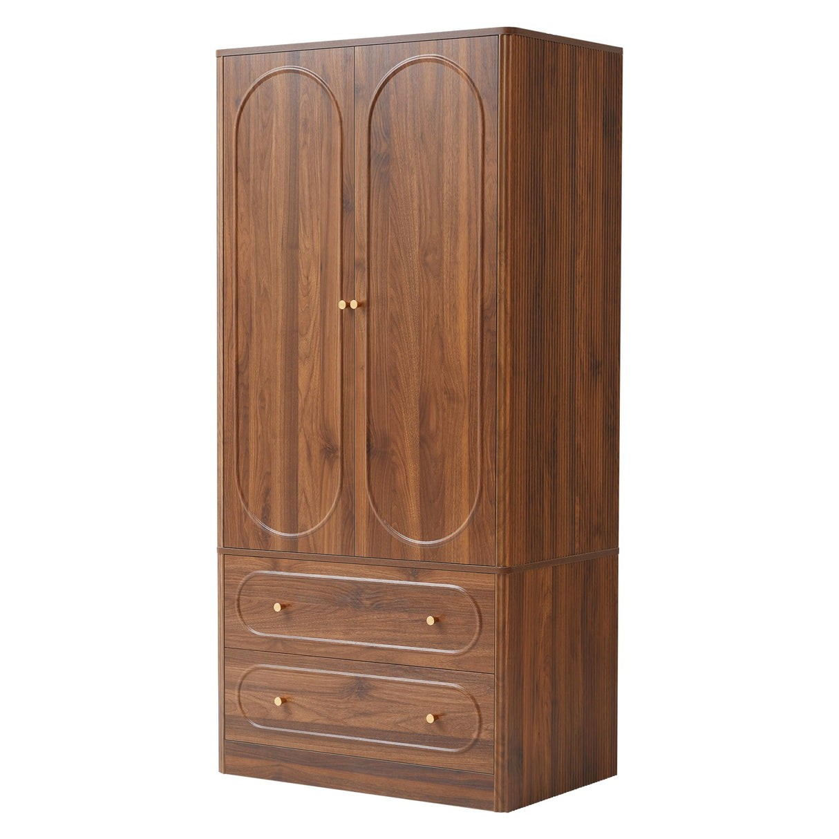 Fluted Freestanding Armoire Wardrobe Closet with 2 Doors and 2 Storage Drawers, Large Capacity Wardrobe Cabinet, Wooden Closet for Bedroom, Living Room - Walnut ORRD