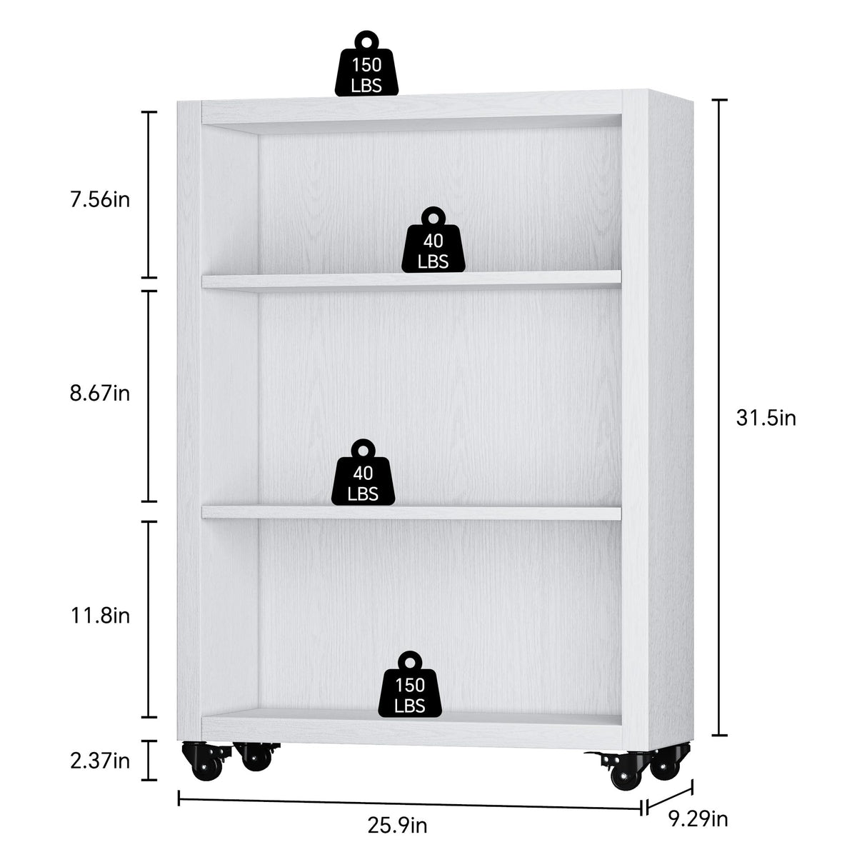 FUSUNBAO 3-Tier Bookshelf with Wheels Book Storage Organizer Bookcase Floor Standing Fixed Shelves Adjustable Shelf Display Shelves Cabinet for Living Room/Bedroom/Office (White) FUSUNBAO