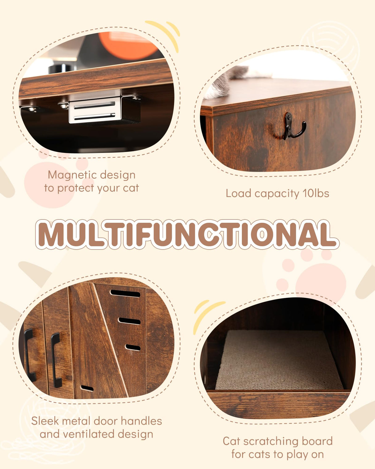 JubiNatural Cat Litter Box Enclosure, Hidden Cat Litter Box Furniture with Vent and Scratch Pad, Enclosed Odor Control, Easy Clean Panel, for Bedroom, Living Room, Rustic Brown JubiNatural