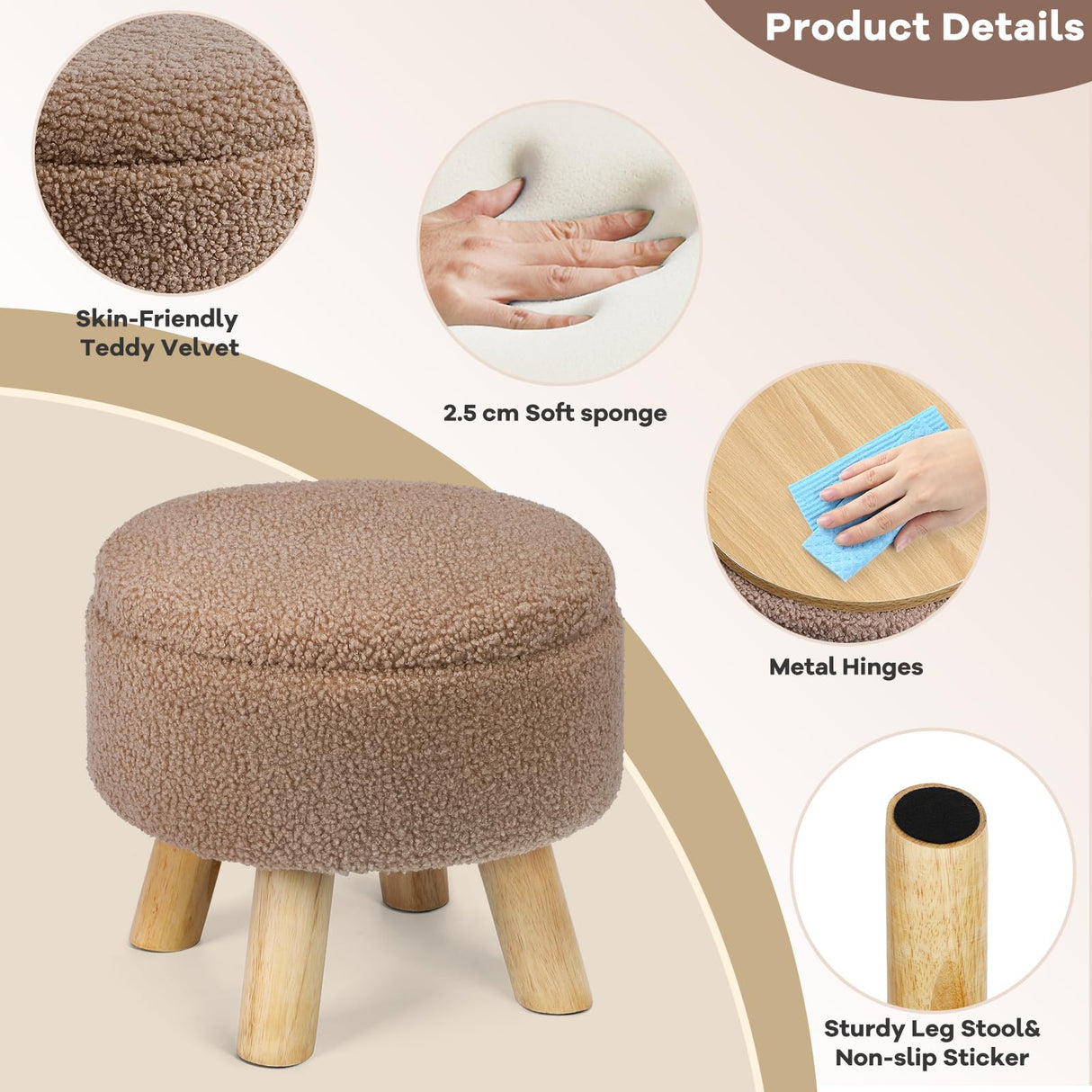 OGEMXU Storage Ottoman, Round Small Ottoman with Storage, Teddy Velvet Foot Stool with Wood Legs, Foot Rest for Chair, Soft Sponge Footstool for Living Room, Couch, Bedroom (Camel Brown) OGEMXU