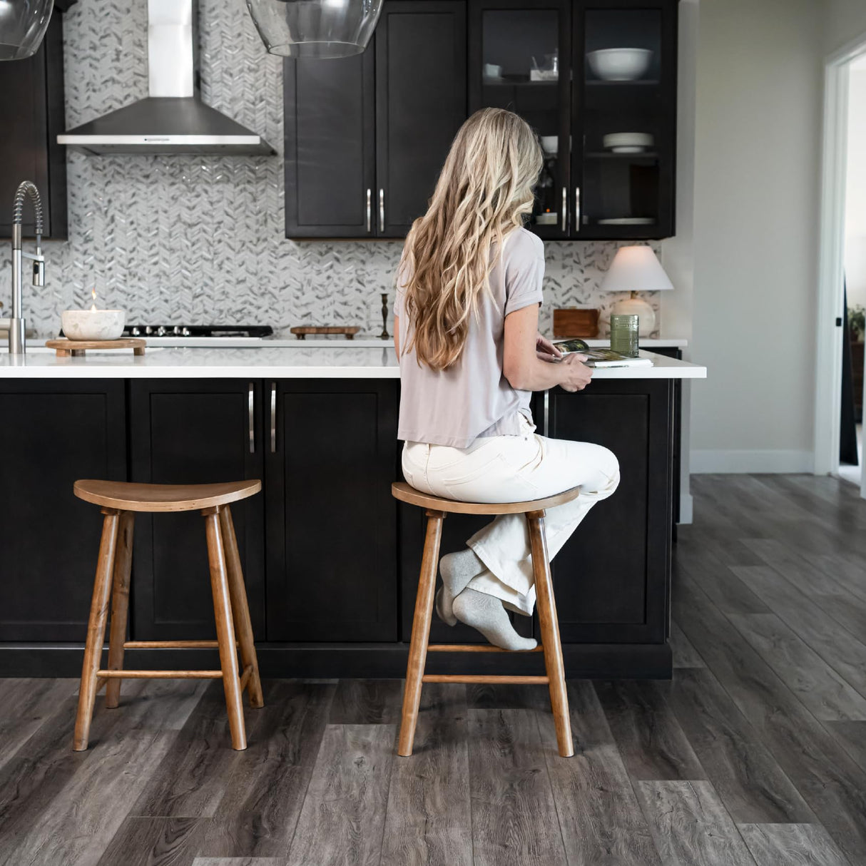 Maven Lane Kitchen Stool, Modern Farmhouse Wood Counter Barstool, Kitchen Island Counter Stool, Counter Height Stools for Kitchen, Wide Seat Backless Bar Stools, Luna 26", Rustic Natural, Set of 3 Maven Lane