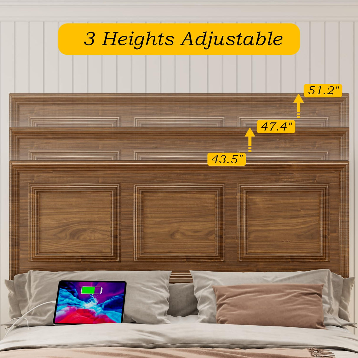 Incyneva Farmhouse Platform Queen Bed Frame Wood with Adjustable Headboard, LED Light and Charging Station, No Box Spring Needed, Noise Free, Geometric Design & Vintage Brown Incyneva