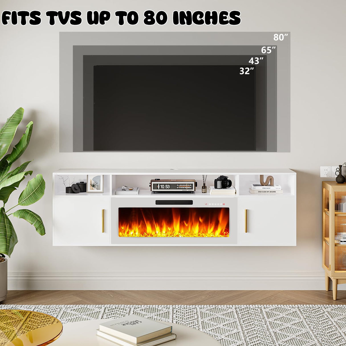 LEMBERI Floating Fireplace TV Stand 70'' Wall Mounted Shelf, LED Light Entertainment Center and Storage, Modern Wood Media TV Console with Highlight (White with White Fireplace) LEMBERI
